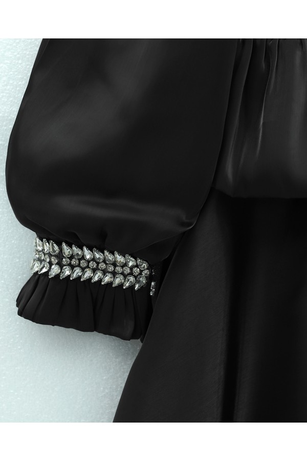 Satin Evening Dress with Ruffled Waist Detail and Rhinestone Embellishments -Black