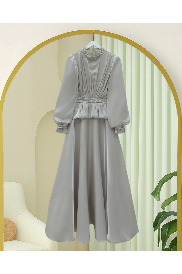 Satin Evening Dress with Ruffled Waist Detail and Rhinestone Embellishments -Stone