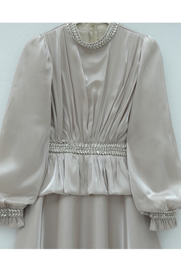 Satin Evening Dress with Ruffled Waist Detail and Rhinestone Embellishments -Stone