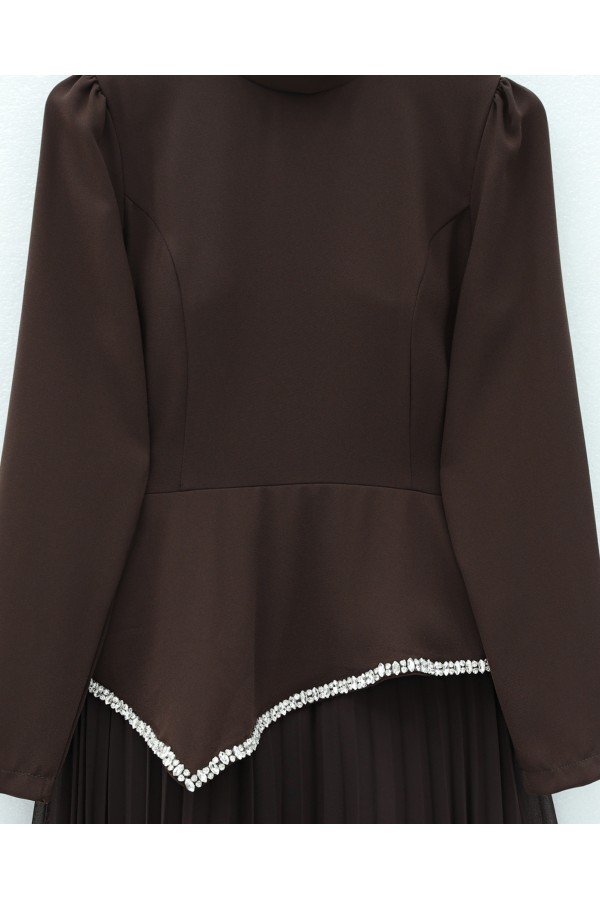 Asymmetrical Waist, Embellished Skirt, Pleated Crepe Dress -Brown