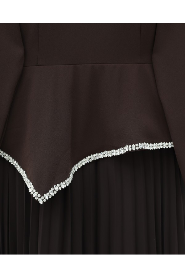 Asymmetrical Waist, Embellished Skirt, Pleated Crepe Dress -Brown
