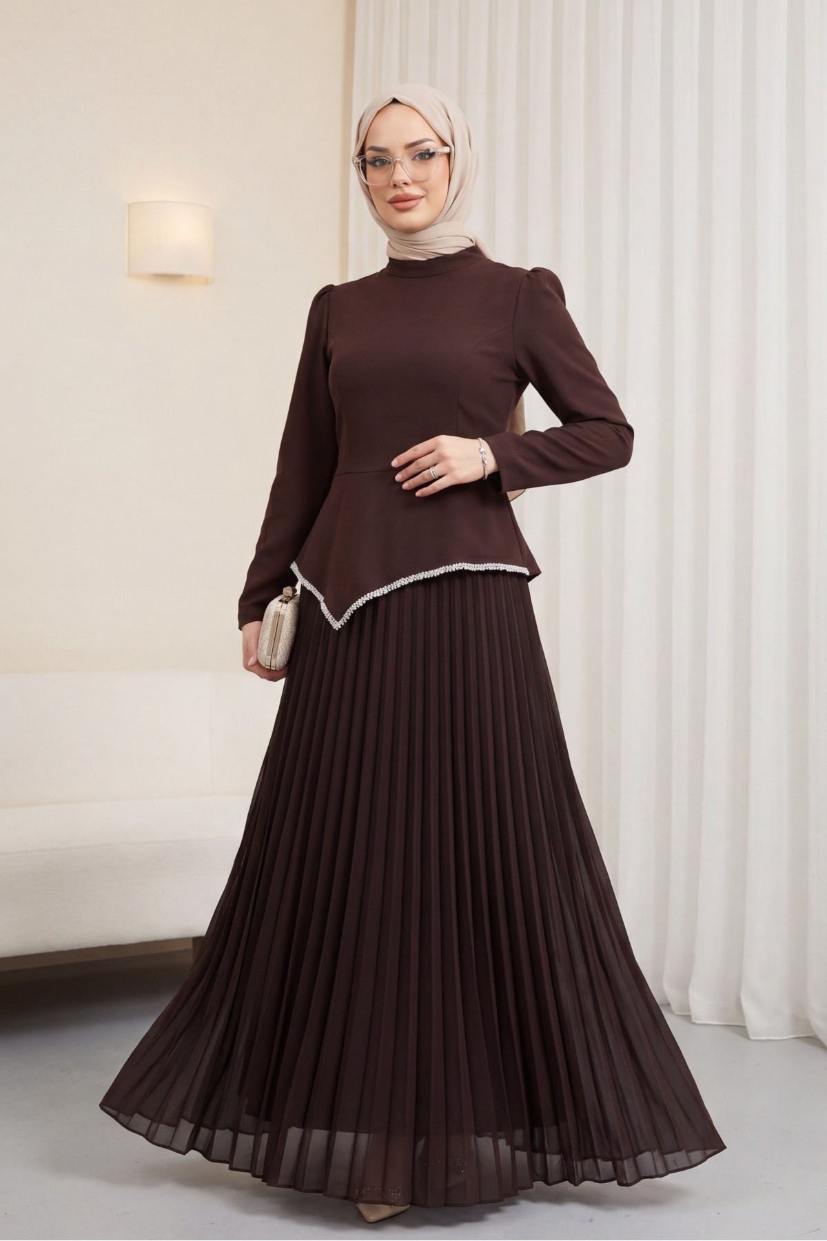 Asymmetrical Waist, Embellished Skirt, Pleated Crepe Dress -Brown