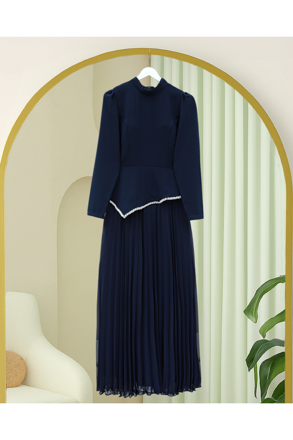 Asymmetrical Waist, Embellished Skirt, Pleated Crepe Dress -Navy blue