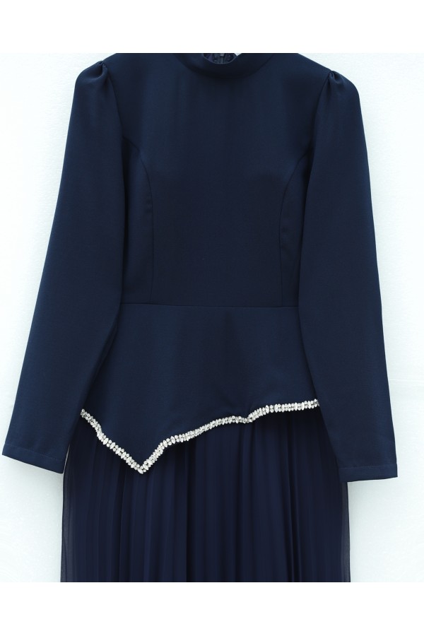 Asymmetrical Waist, Embellished Skirt, Pleated Crepe Dress -Navy blue