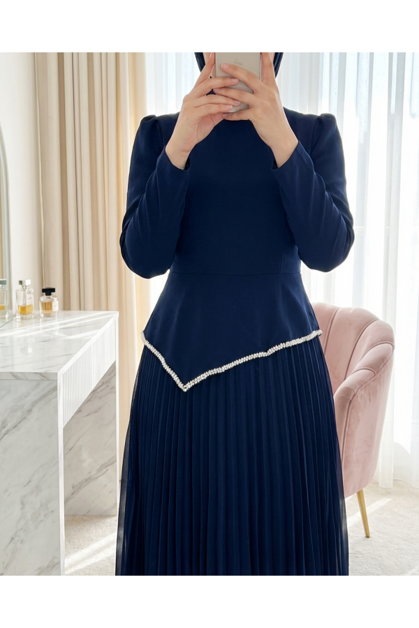 Asymmetrical Waist, Embellished Skirt, Pleated Crepe Dress -Navy blue