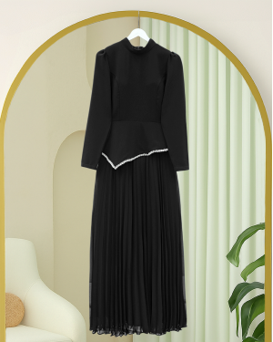 Asymmetrical Waist, Embellished Skirt, Pleated Crepe Dress -Black