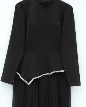 Asymmetrical Waist, Embellished Skirt, Pleated Crepe Dress -Black