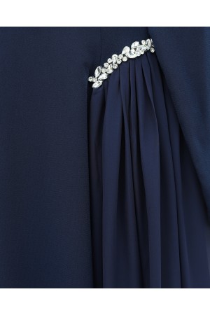 Yakası Ve Beli Taşlı Yanları Tül  Detaylı  Astarlı Krep Elbise -Laci