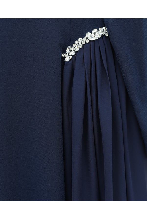 Crepe dress with rhinestone embellishments at the neckline and waist, and tulle details on the sides, now lined. -Navy blue