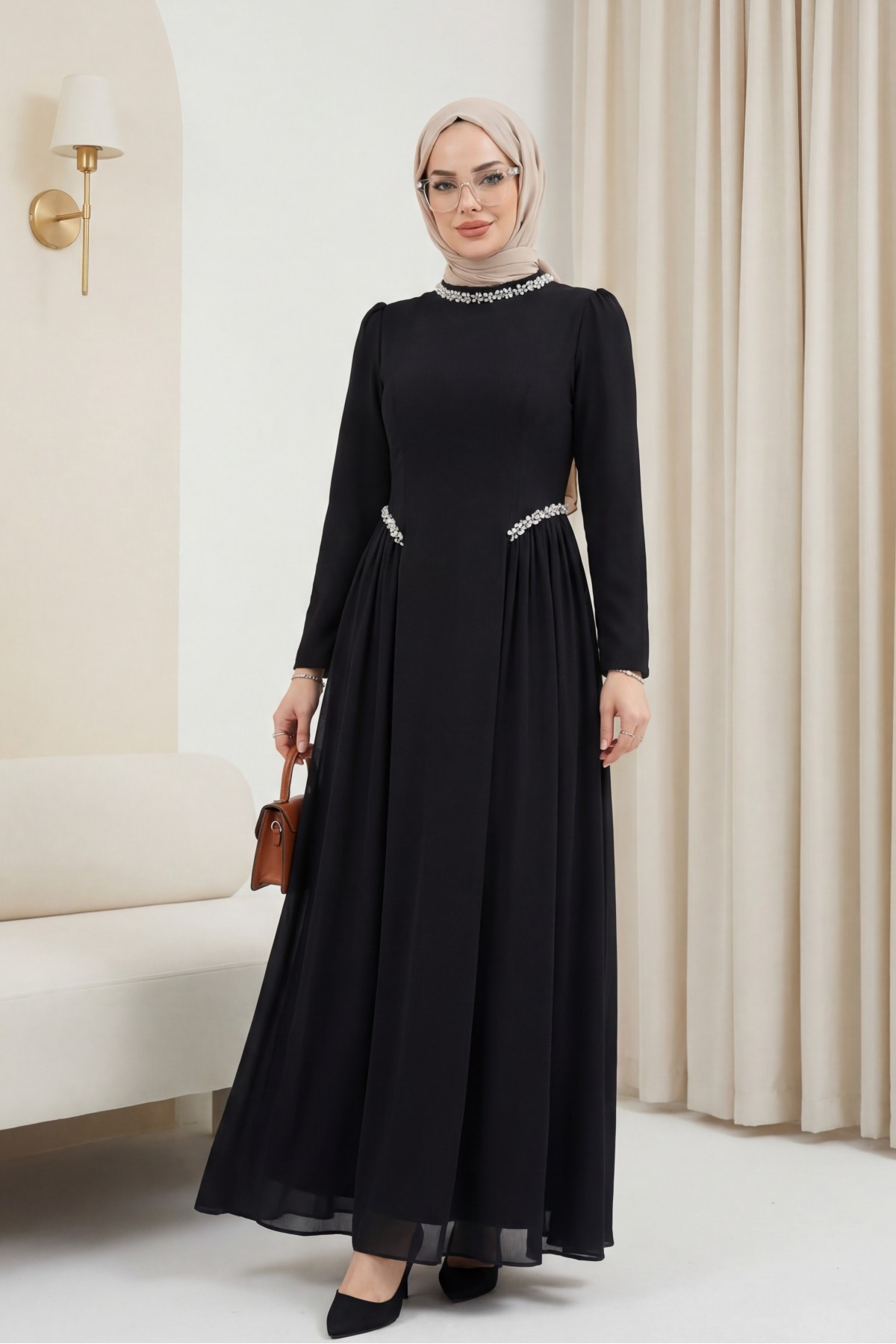 Crepe dress with rhinestone embellishments at the neckline and waist, and tulle details on the sides, now lined. -Black