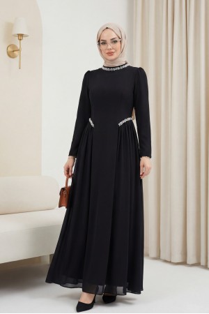 Yakası Ve Beli Taşlı Yanları Tül  Detaylı  Astarlı Krep Elbise -Siyah