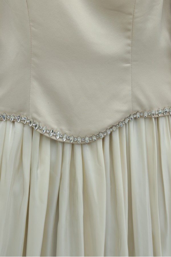 Satin Top, Shimmering Chiffon Bottom with Stone Details and Ruffles - Beige