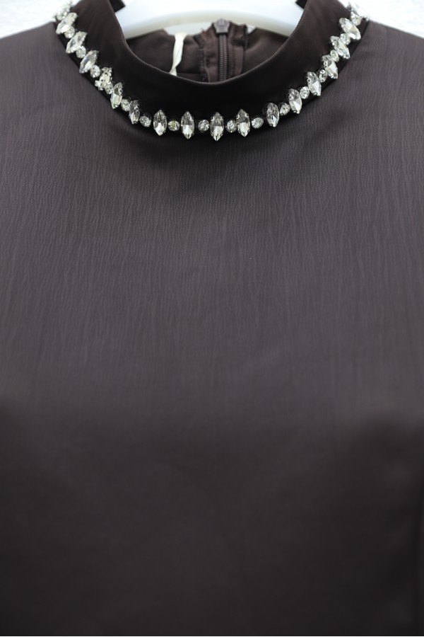 Satin Top, Shimmering Chiffon Bottom with Stone Details and Ruffles -Dark Coffee