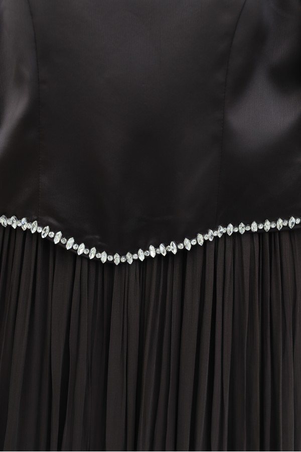 Satin Top, Shimmering Chiffon Bottom with Stone Details and Ruffles -Dark Coffee