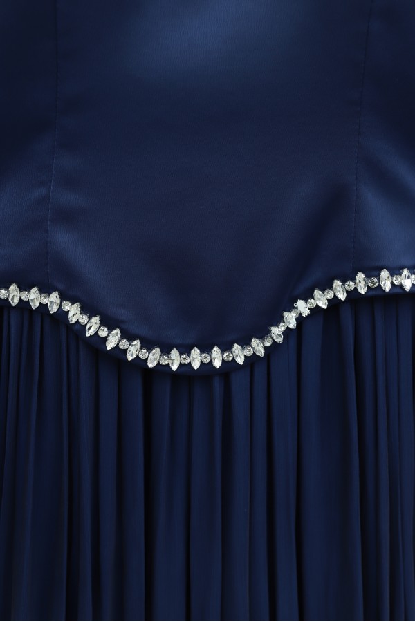 Satin Top, Shimmering Chiffon Bottom with Stone Details and Ruffles -Navy blue