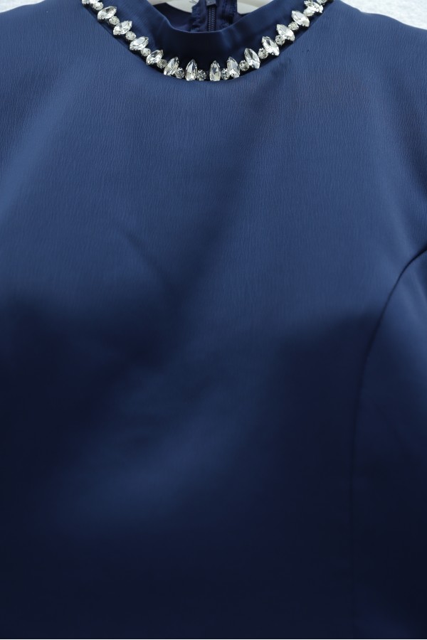 Satin Top, Shimmering Chiffon Bottom with Stone Details and Ruffles -Navy blue