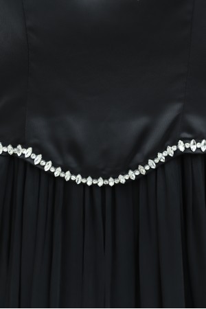 Üstü Saten Altı Janjan Şifon Taş Detaylı Volanlı Abiye -Siyah