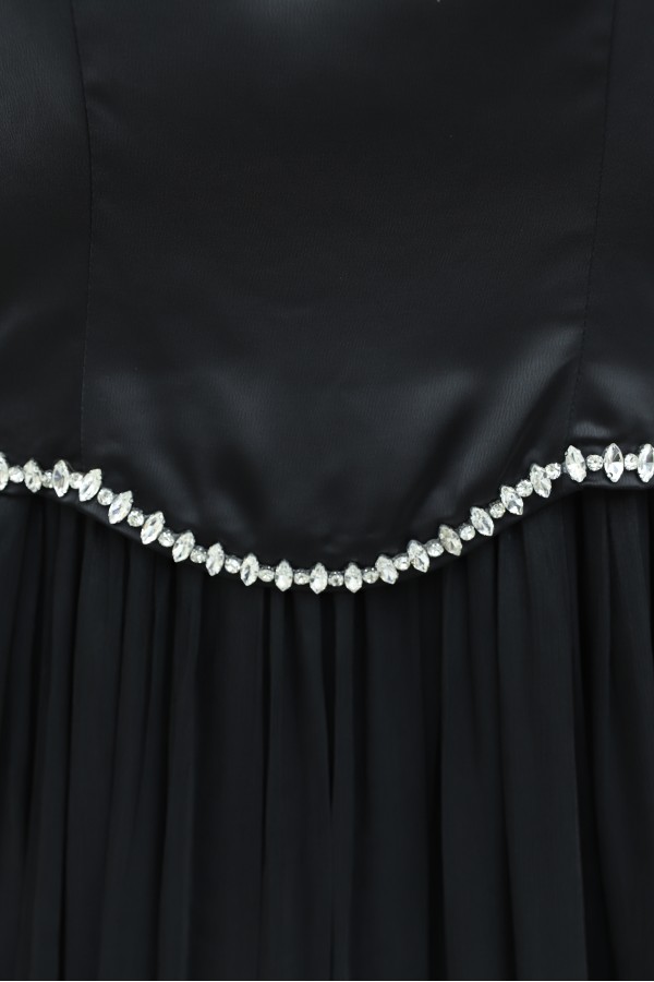 Satin Top, Shimmering Chiffon Bottom with Stone Details and Ruffles -Black