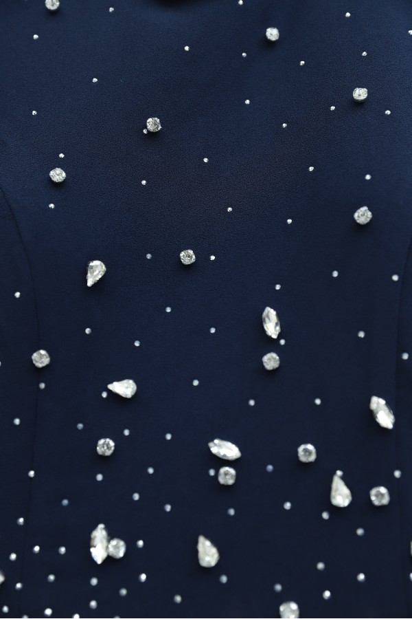 Asymmetrical Top, Chiffon Evening Dress with Scattered Stones -Navy blue