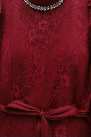 Dik Yaka Kolları Janjan Şifon Kemerli Dantel Elbise -Bordo
