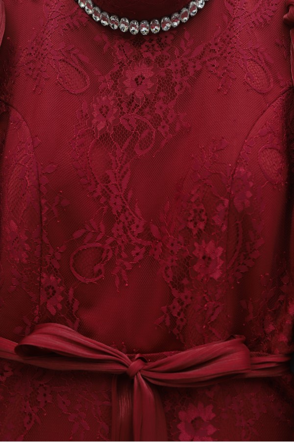 High Neck, Shimmering Chiffon Sleeves, Belted Lace Dress -Maroon