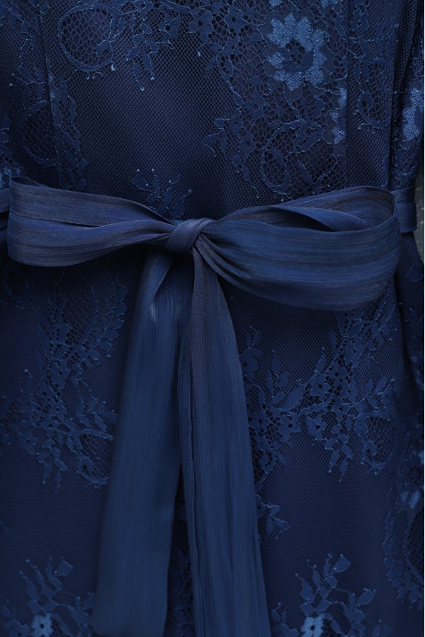 High Neck, Shimmering Chiffon Sleeves, Belted Lace Dress -Navy blue