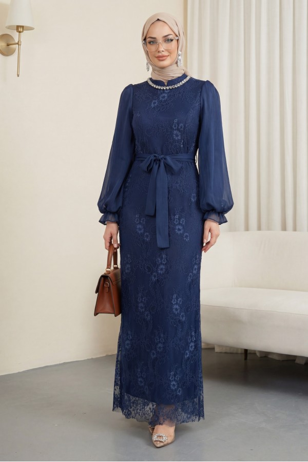 High Neck, Shimmering Chiffon Sleeves, Belted Lace Dress -Navy blue