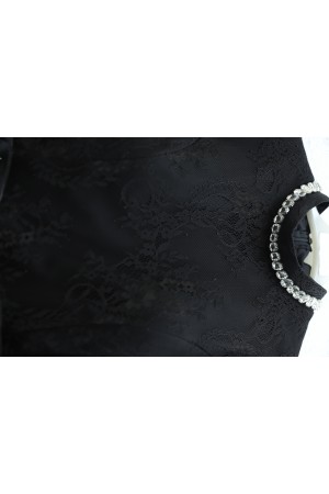 Dik Yaka Kolları Janjan Şifon Kemerli Dantel Elbise -Siyah
