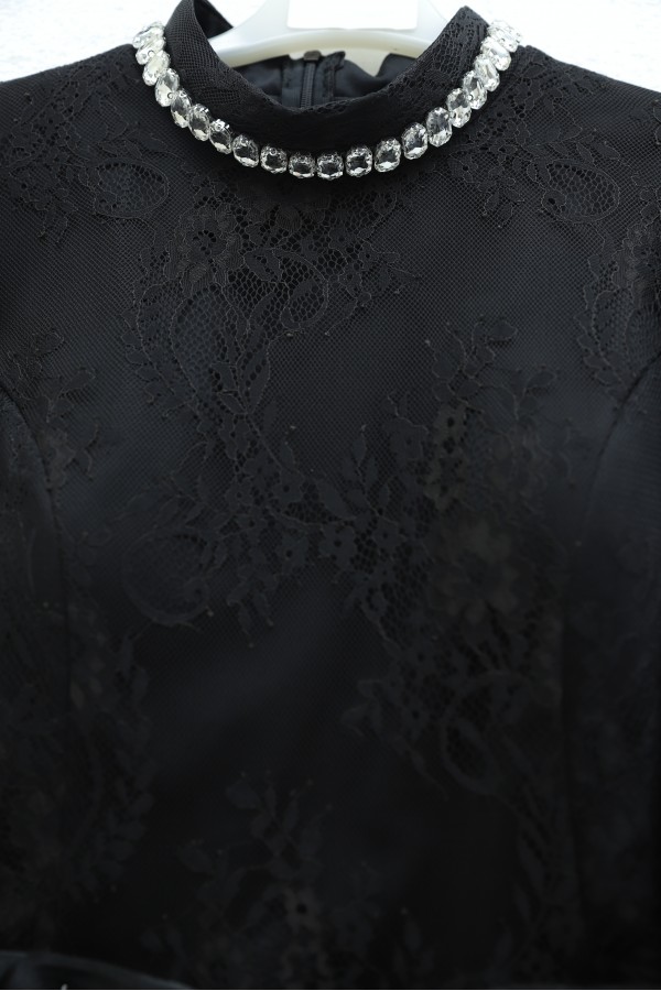 High Neck, Shimmering Chiffon Sleeves, Belted Lace Dress -Black