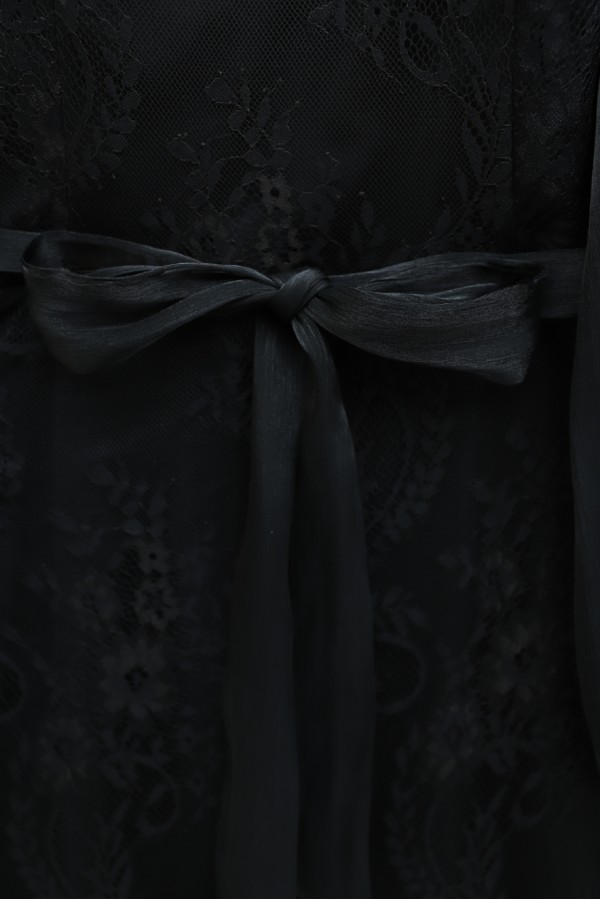 High Neck, Shimmering Chiffon Sleeves, Belted Lace Dress -Black