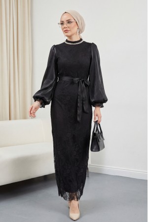 Dik Yaka Kolları Janjan Şifon Kemerli Dantel Elbise -Siyah