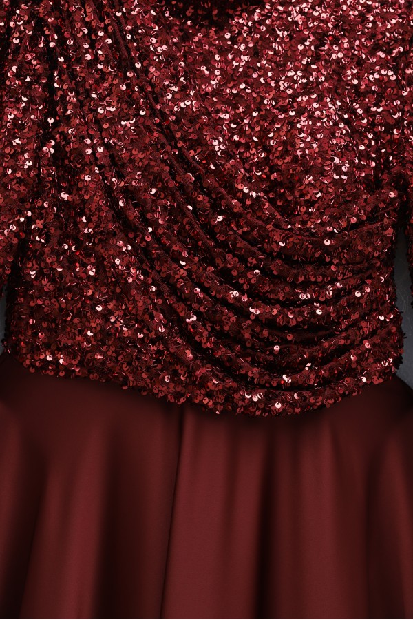 Sequined Top, Feathered Sleeves, Satin Skirt Evening Dress -Maroon