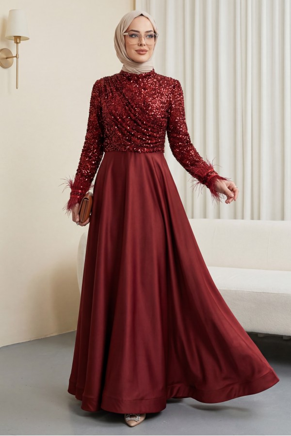 Sequined Top, Feathered Sleeves, Satin Skirt Evening Dress -Maroon