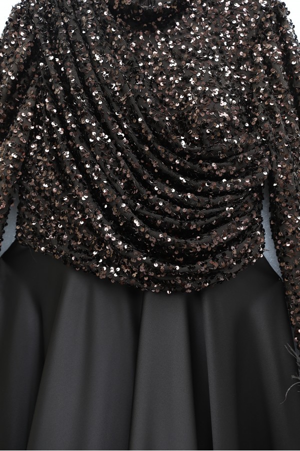 Sequined Top, Feathered Sleeves, Satin Skirt Evening Dress -Dark Coffee
