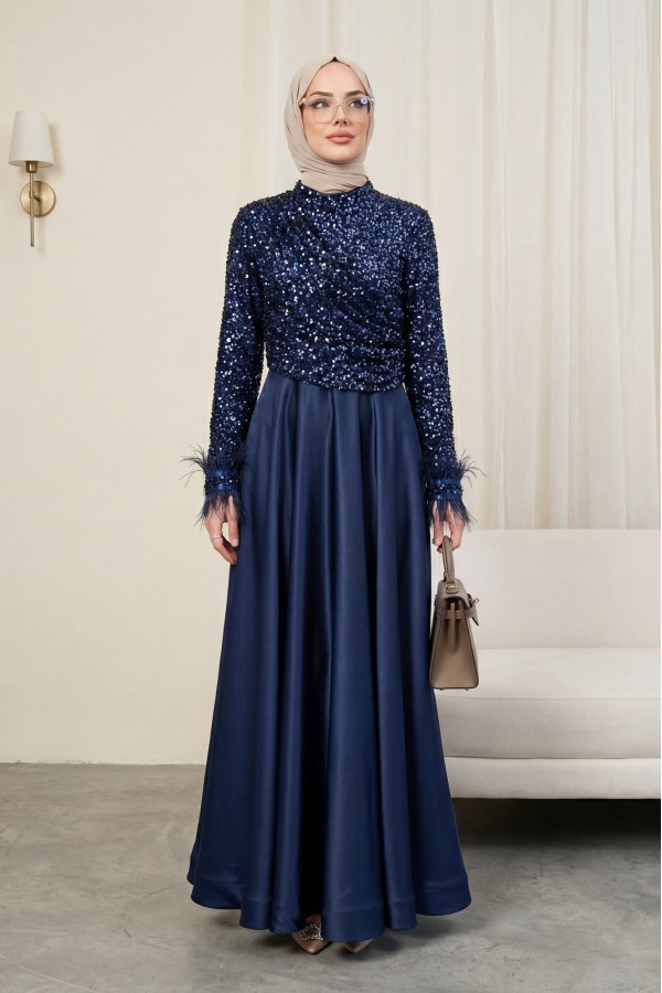Sequined Top, Feathered Sleeves, Satin Skirt Evening Dress -Navy blue