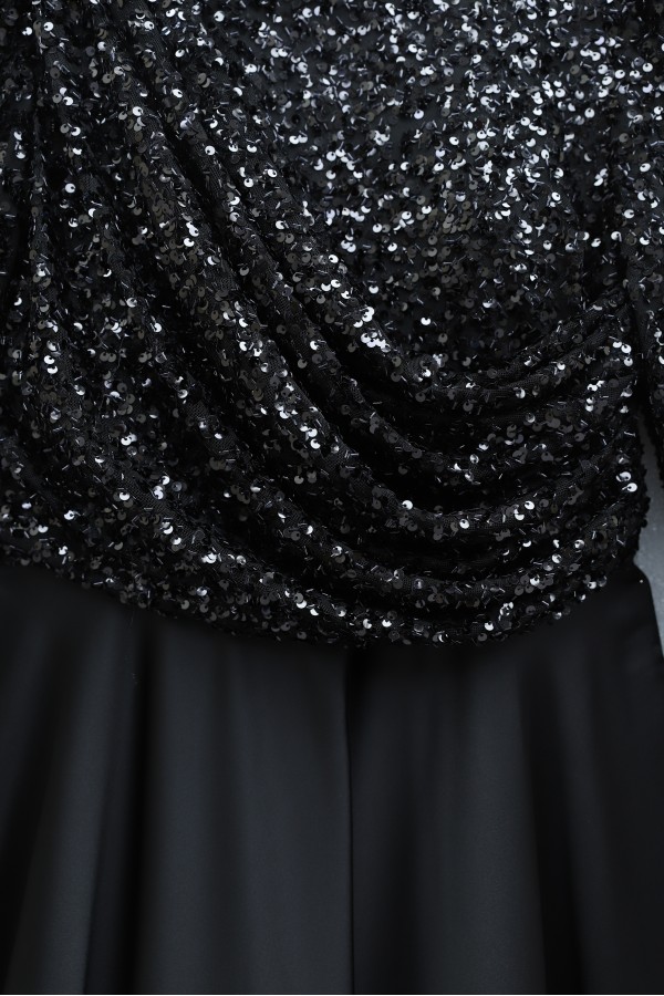 Sequined Top, Feathered Sleeves, Satin Skirt Evening Dress -Black