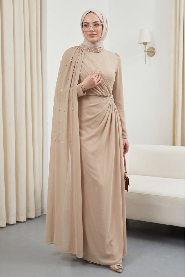 High-neck evening gown with pearl detail and tulle cape. -Light Mink