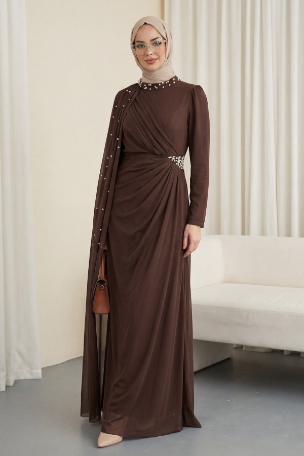 High-neck evening gown with pearl detail and tulle cape. -Brown