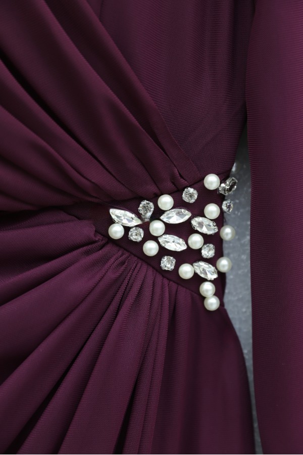 High-neck evening gown with pearl detail and tulle cape. -Damson