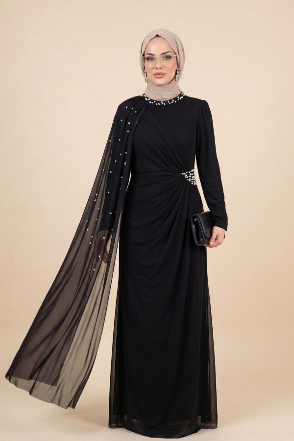 High-neck evening gown with pearl detail and tulle cape. -Black