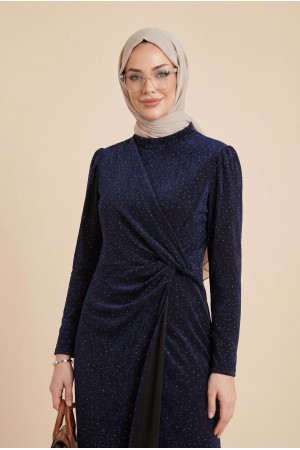 Beli Drapeli Önü Çift Kat Serpme Taş Detaylı Abiye -Laci