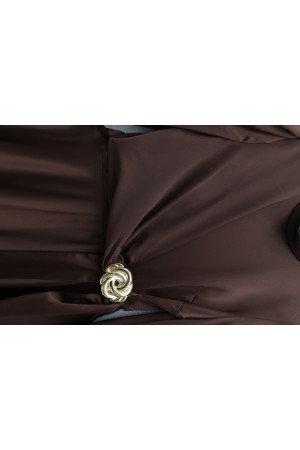 Beli Yandan Bağcıklı Tokalı Saten Abiye -Kahve