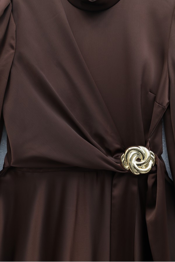 Satin Evening Dress with Side Tie and Buckle Waist -Brown