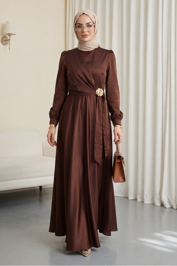 Satin Evening Dress with Side Tie and Buckle Waist -Brown