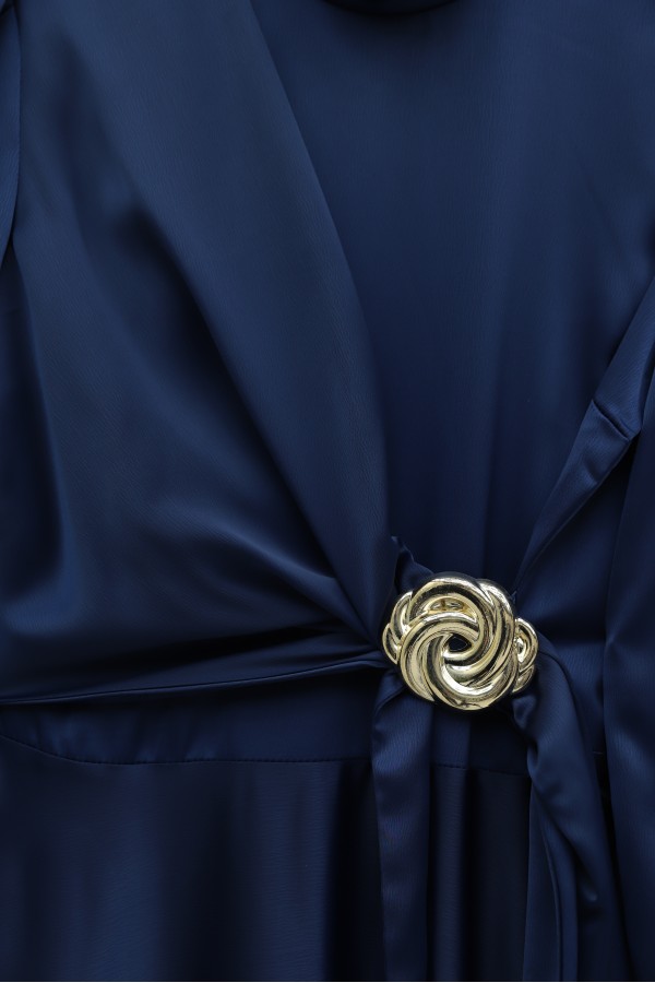 Satin Evening Dress with Side Tie and Buckle Waist -Navy blue