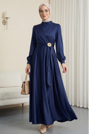 Beli Yandan Bağcıklı Tokalı Saten Abiye -Laci