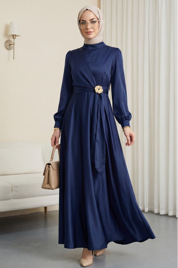 Satin Evening Dress with Side Tie and Buckle Waist -Navy blue