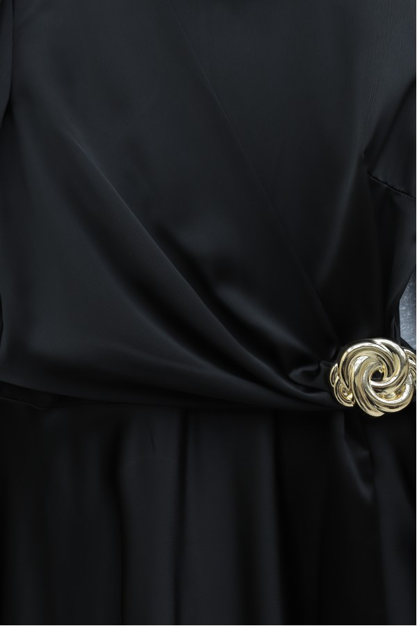 Satin Evening Dress with Side Tie and Buckle Waist -Black