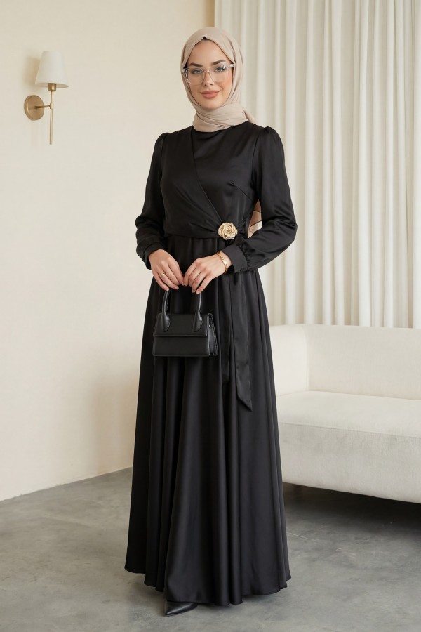 Satin Evening Dress with Side Tie and Buckle Waist -Black
