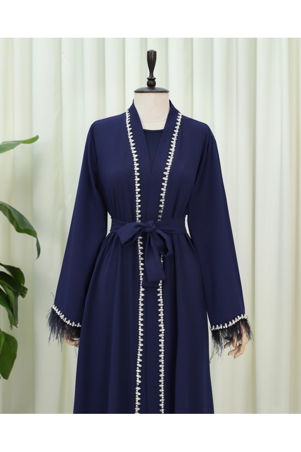 Abaya with Feathered Sleeves and Row of Stone Details, and Belt  -Navy blue